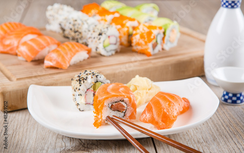 Variation of fresh tasty sushi rolls