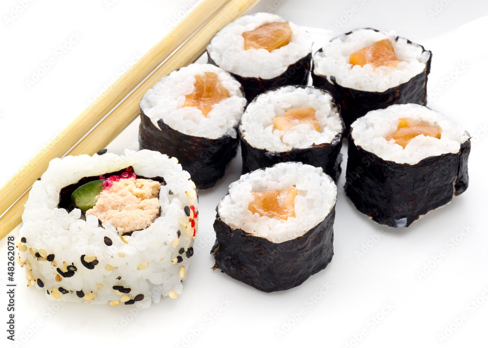 Delicious sushi rolls on white plate with chopsticks Delicious sushi rolls on white plate with chopsticks