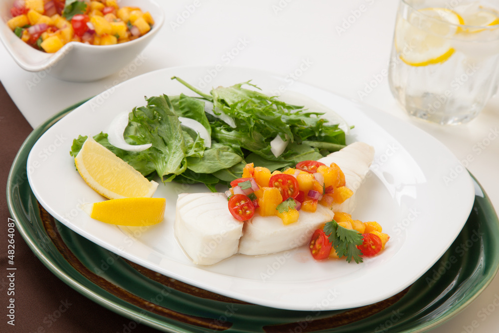 Poached Halibut and Peach Salsa Poached Halibut and Peach Salsa