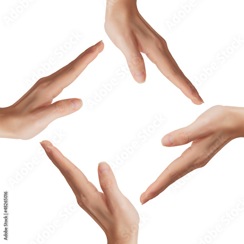 Four hands isolated on white 