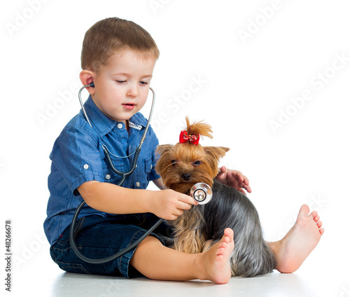 boy child examing dog puppy...