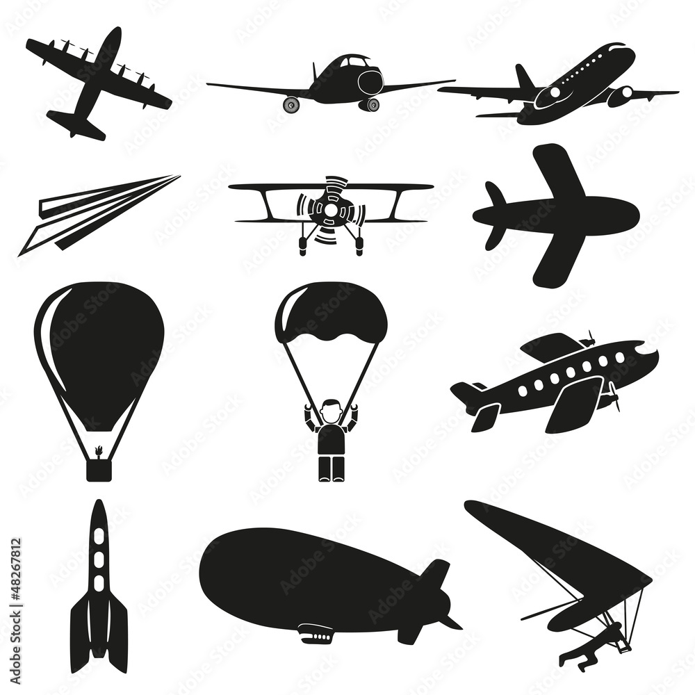 Set of black flying icons on white background Set of black flying icons on white background