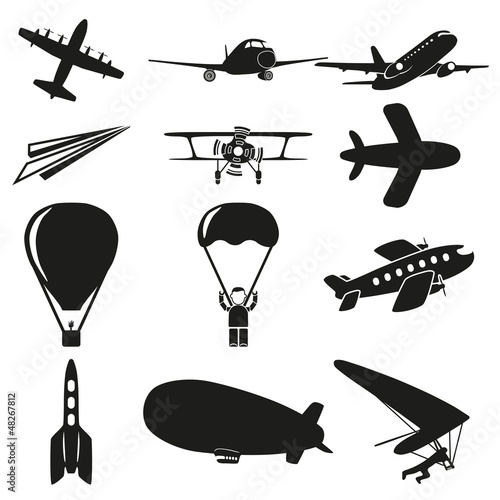 Set of black flying icons on white background