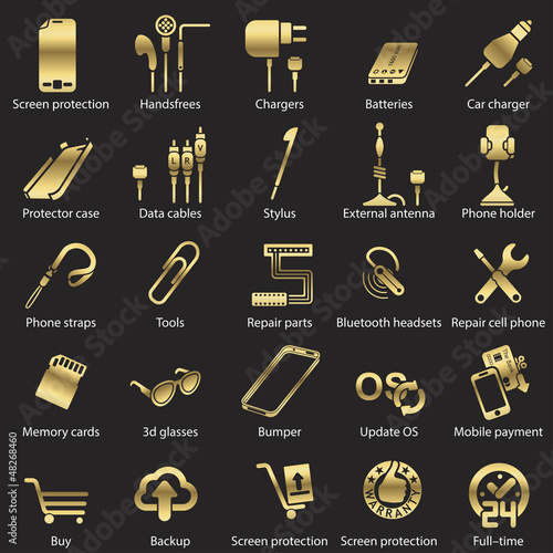 set Mobile servise web icons golden line