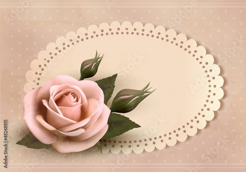 Retro greeting card with pink rose. Vector illustration.