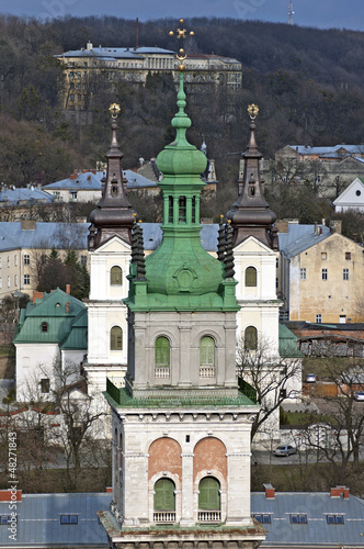 Panorama of the Lvov city from height. Assumption Church