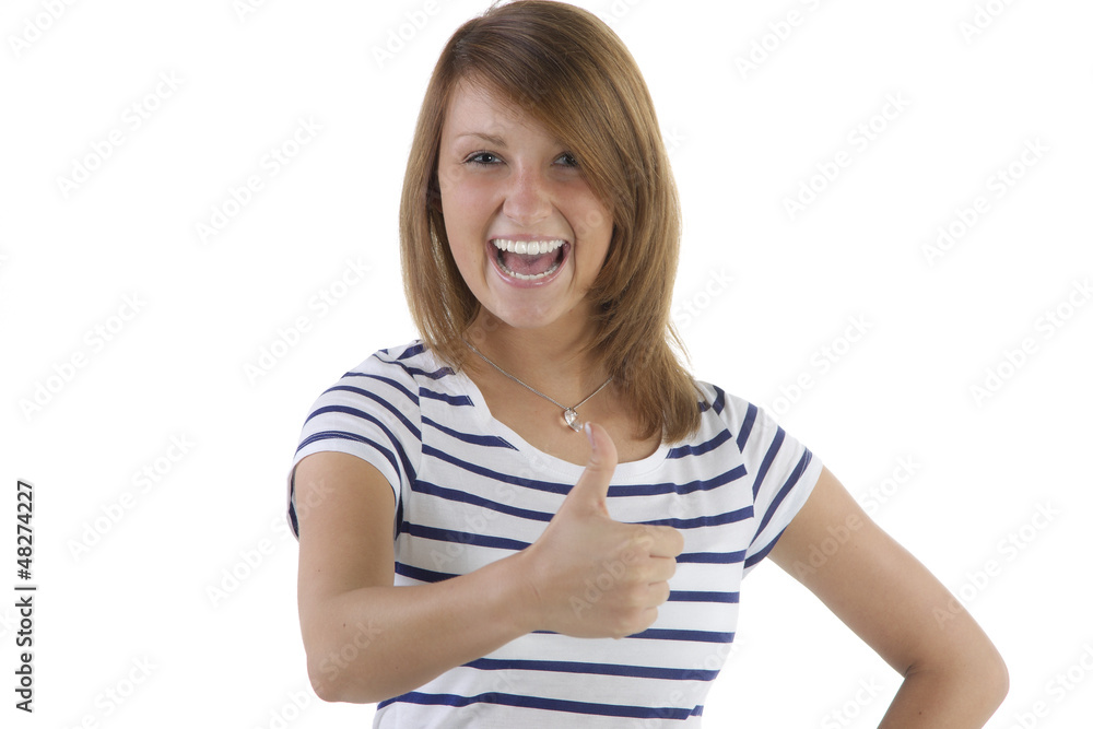 Begeisterte junge Frau im geringelten Shirt Begeisterte junge Frau im geringelten Shirt