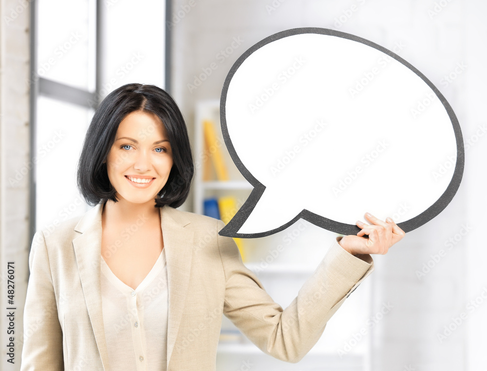smiling businesswoman with blank text bubble smiling businesswoman with blank text bubble