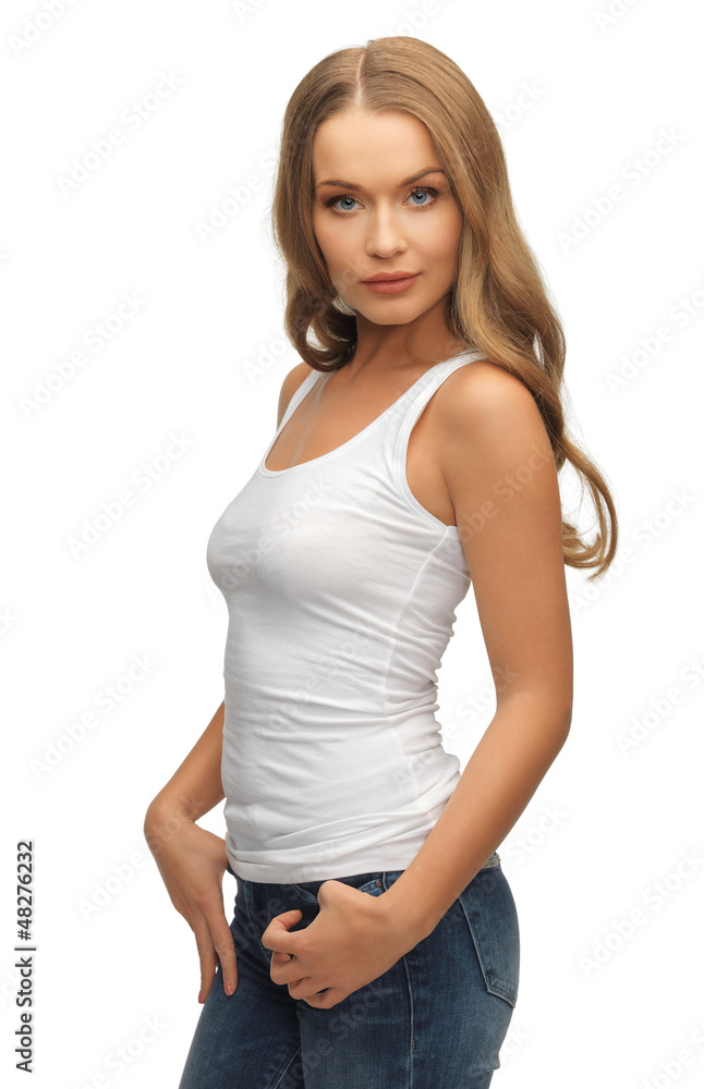 calm and serious woman in blank white t-shirt calm and serious woman in blank white t-shirt