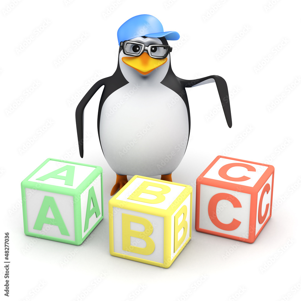 Obraz premium Penguin in baseball cap learns his alphabet