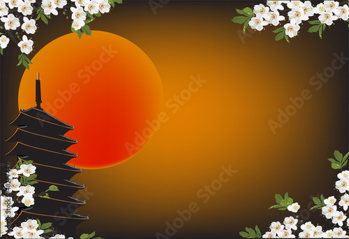 pagoda and white flowers at sunset