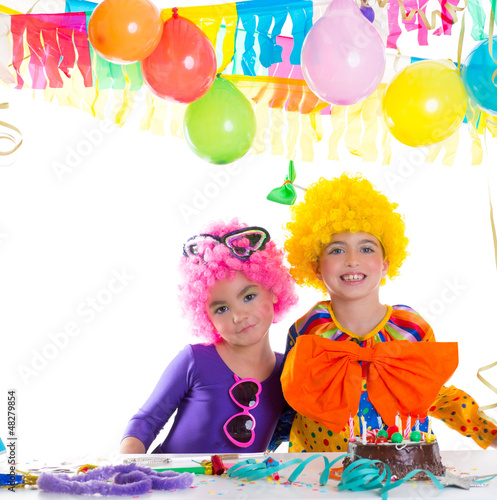 Children happy birthday party with clown wigs
