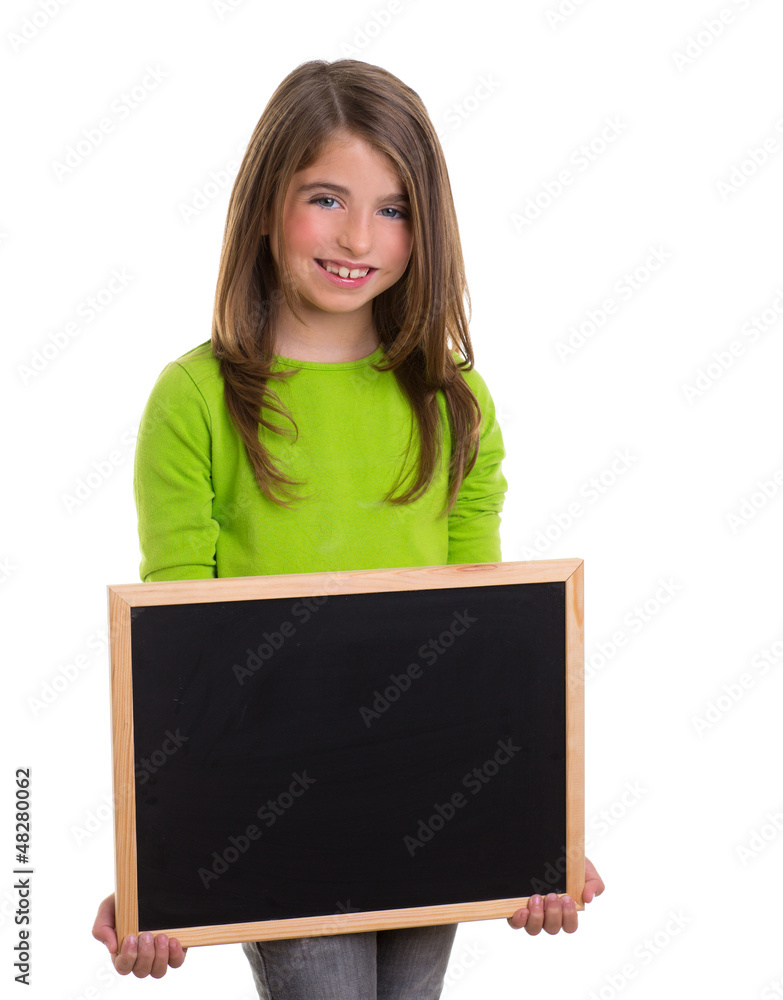 child girl with white frame copy space black blackboard child girl with white frame copy space black blackboard