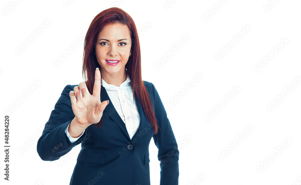 Young business woman touching the screen with her finger Young business woman touching the screen with her finger