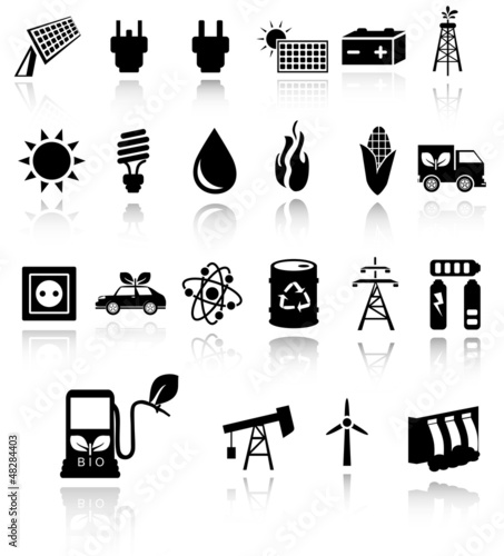 Vector black eco energy icons set on gray. EPS10