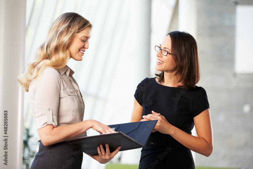 Two Businesswomen Having Informal Meeting In Modern Office Two Businesswomen Having Informal Meeting In Modern Office