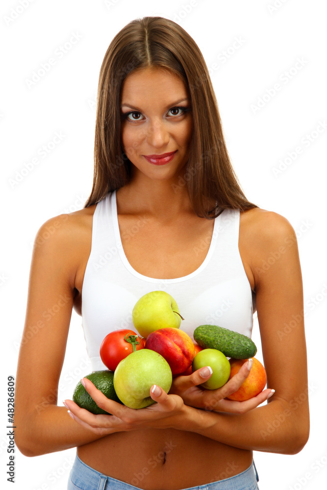 beautiful young woman with fruits and vegetables, isolated beautiful young woman with fruits and vegetables, isolated