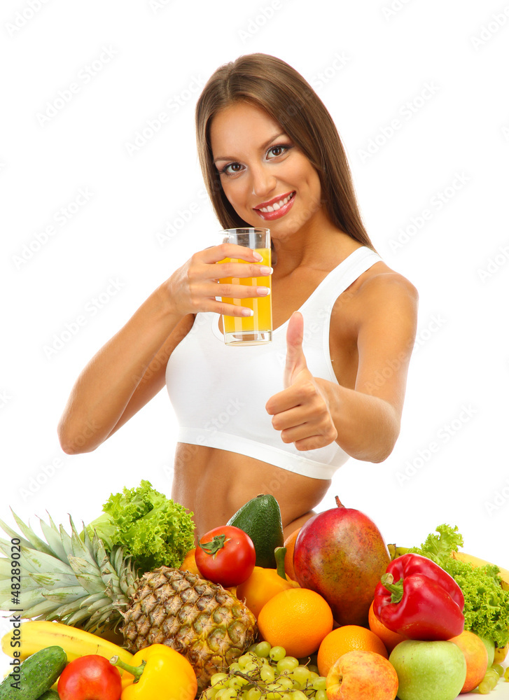 beautiful young woman with fruits and vegetables and glass of beautiful young woman with fruits and vegetables and glass of