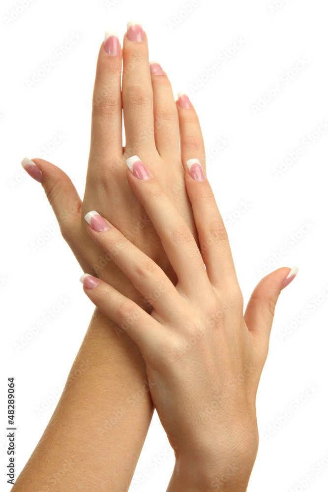 Beautiful woman hands with french manicure, isolated on white Beautiful woman hands with french manicure, isolated on white