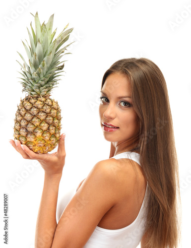 beautiful young woman with pineapple, isolated on white