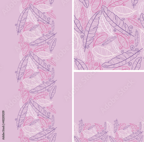 Set of purple feathers vector seamless pattern and borders