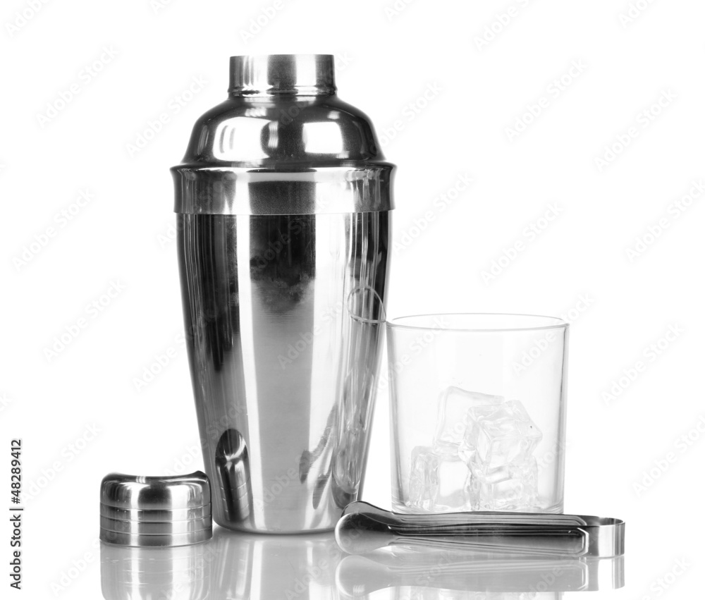 Cocktail shaker and cocktail glass isolated on white Cocktail shaker and cocktail glass isolated on white