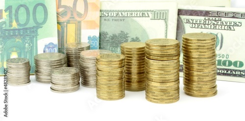 Various money. Coins, euro and dollar banknotes photo