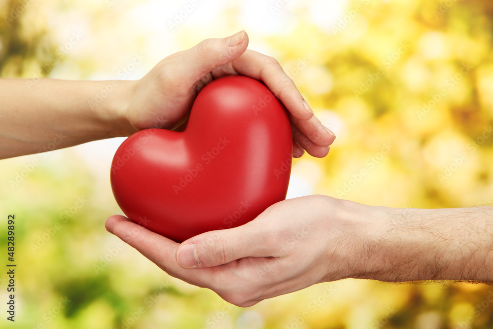 Red heart in woman and man hands, on green background Red heart in woman and man hands, on green background