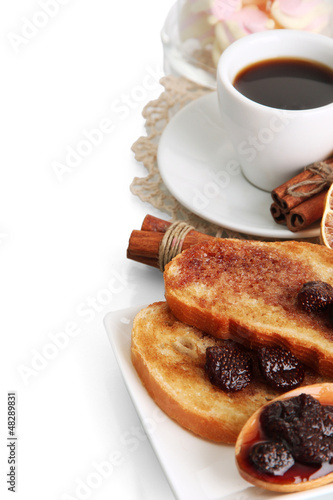 White bread toast with jam and cup of coffee, isolated on white