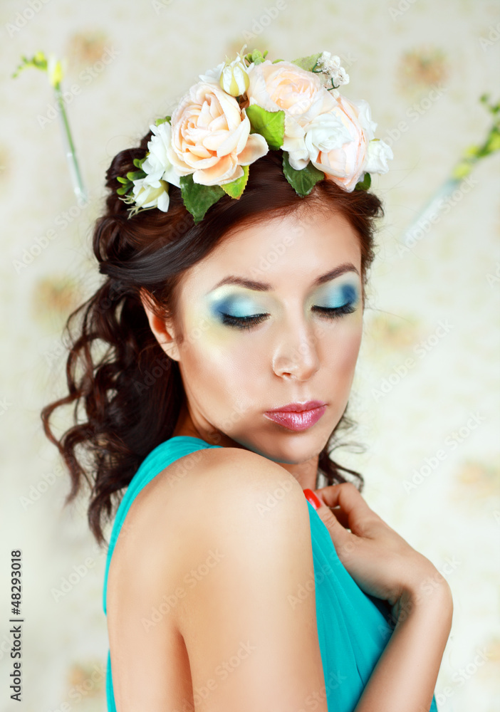 girl with stylish makeup and flowers
