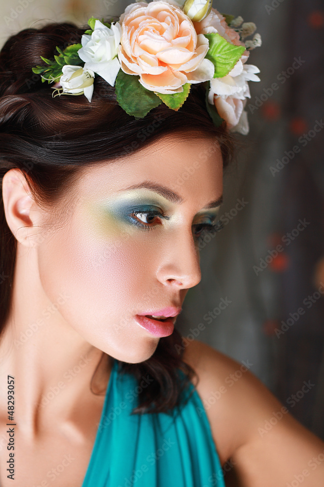 girl with stylish makeup and flowers