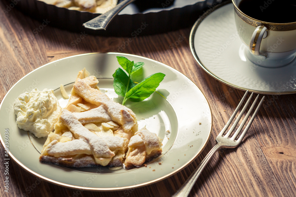 Piece of apple pie served with coffee Piece of apple pie served with coffee