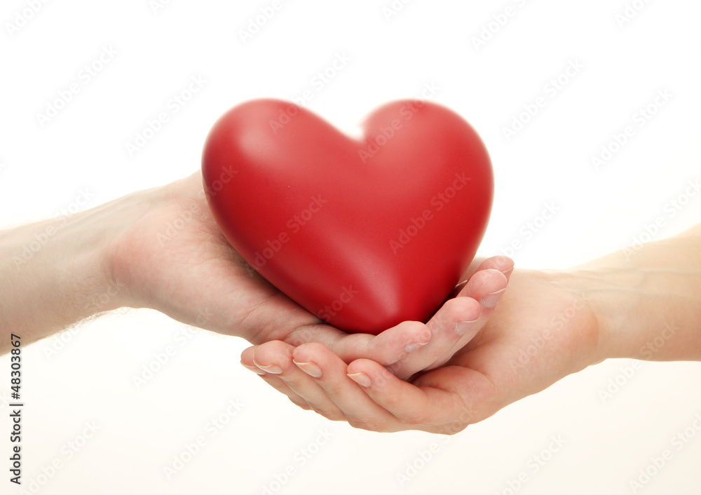 Red heart in woman and man hands, isolated on white Red heart in woman and man hands, isolated on white