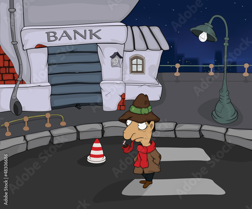The detective in a night city. Cartoon
