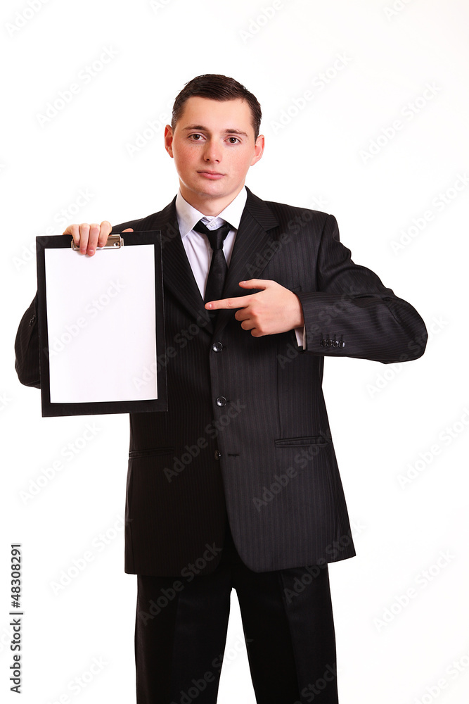young business man showing blank clipboard, isolated on white ba young business man showing blank clipboard, isolated on white ba
