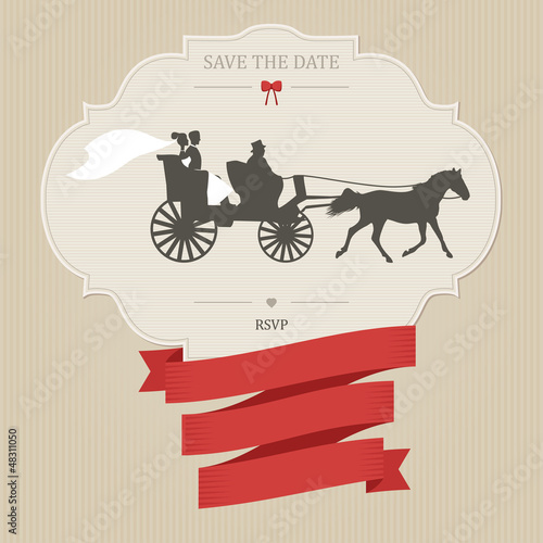 Vintage wedding invitation with retro carriage