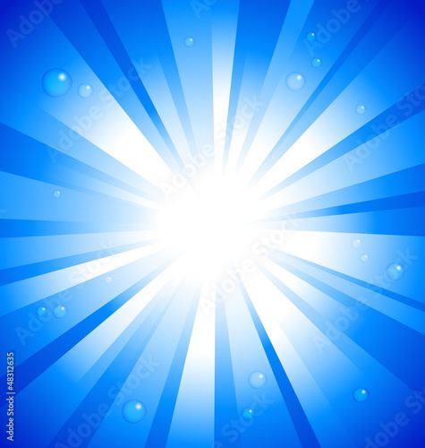 Sunburst on blue background with water drops