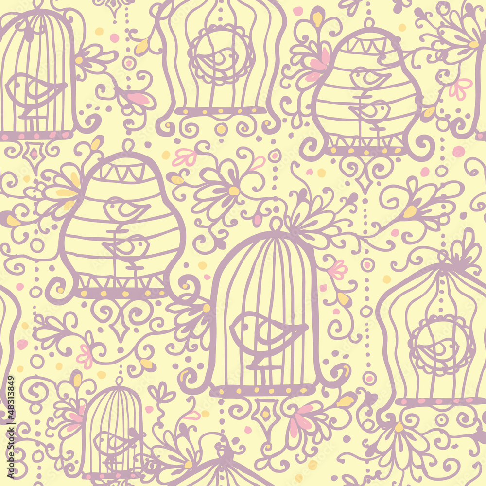 Vector doodle birdcages seamless pattern background with hand Vector doodle birdcages seamless pattern background with hand