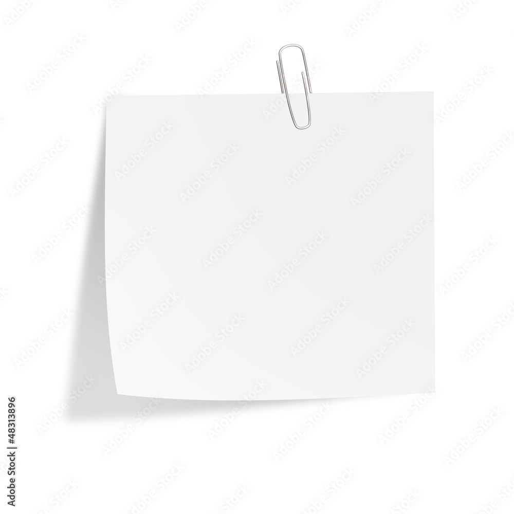 Blank note paper with clip isolated on white background. Illustr Blank note paper with clip isolated on white background. Illustr