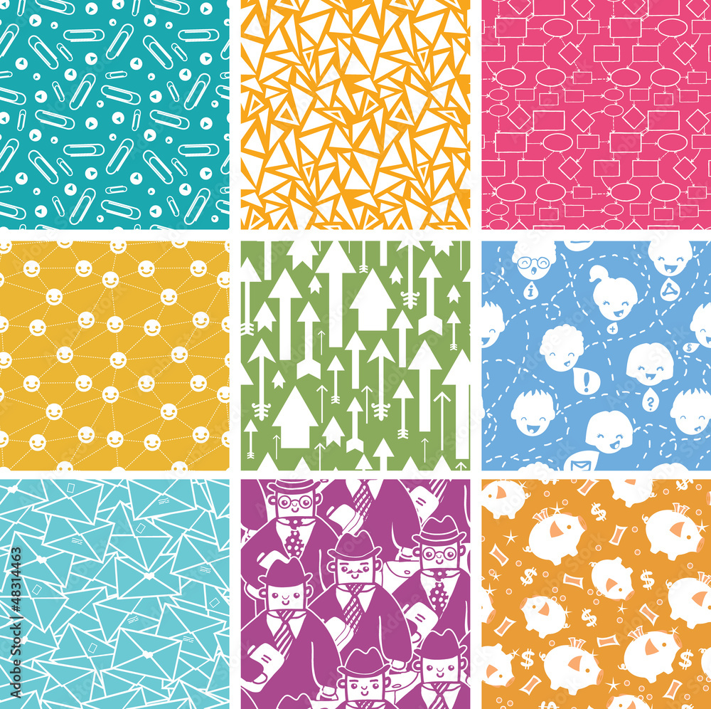 Vector set of nine business seamless patterns backgrounds with