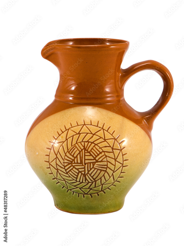 retro craft handmade clay jug pitcher on white