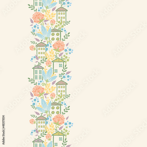 Houses among flowers vertical seamless pattern background border