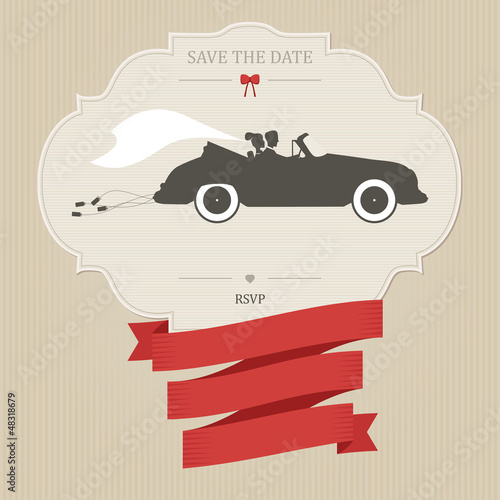 Vintage wedding invitation with retro car dragging cans