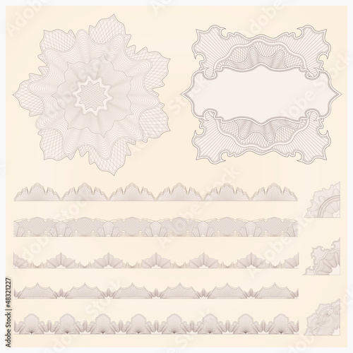 Vector set: watermark. Guilloche pattern, borders