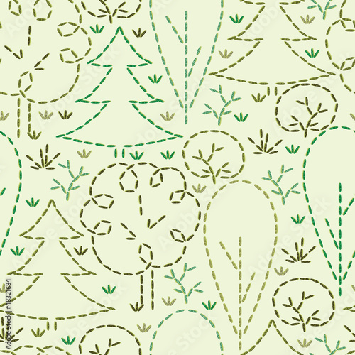 Vector embroidered forest seamless pattern background with hand