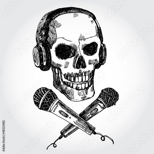Hand Drawn Skull with Microphones