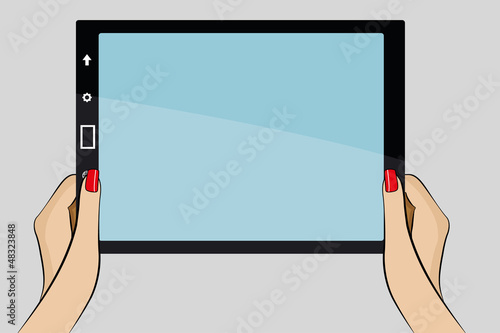 Womans hands holding a 3d generic tablet PC