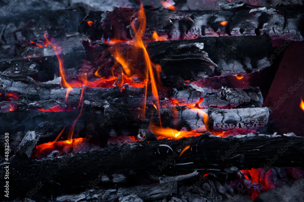 Burning wood and coal in fireplace. Closeup of hot burning wood Burning wood and coal in fireplace. Closeup of hot burning wood
