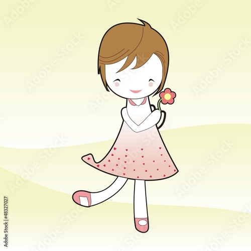 Short hair girl hold flower in pink dress cartoon vector