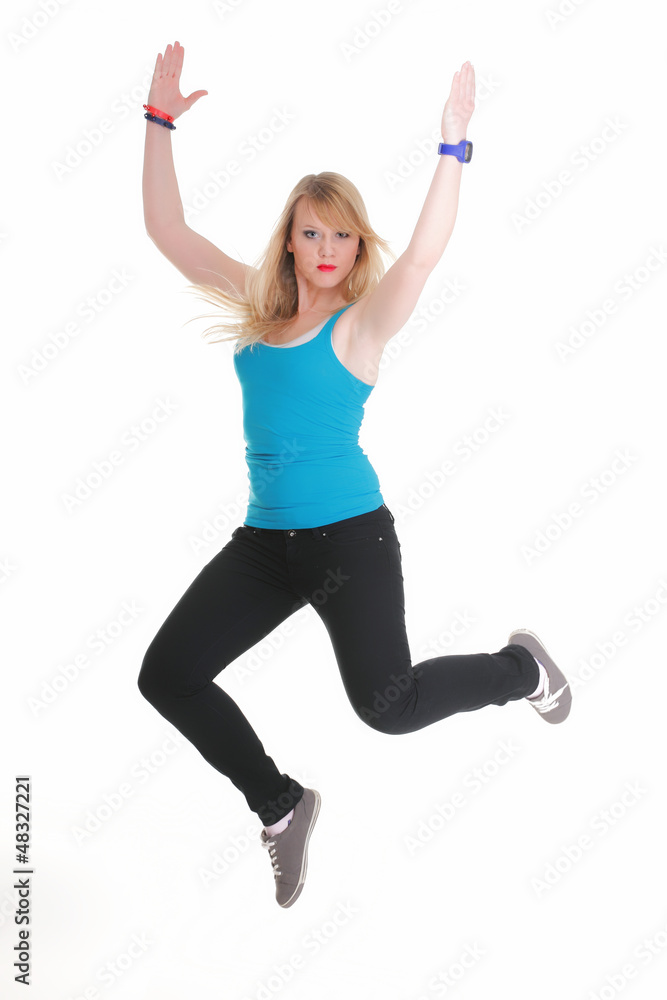 Young female Happy woman jumping with arms up isolated Young female Happy woman jumping with arms up isolated